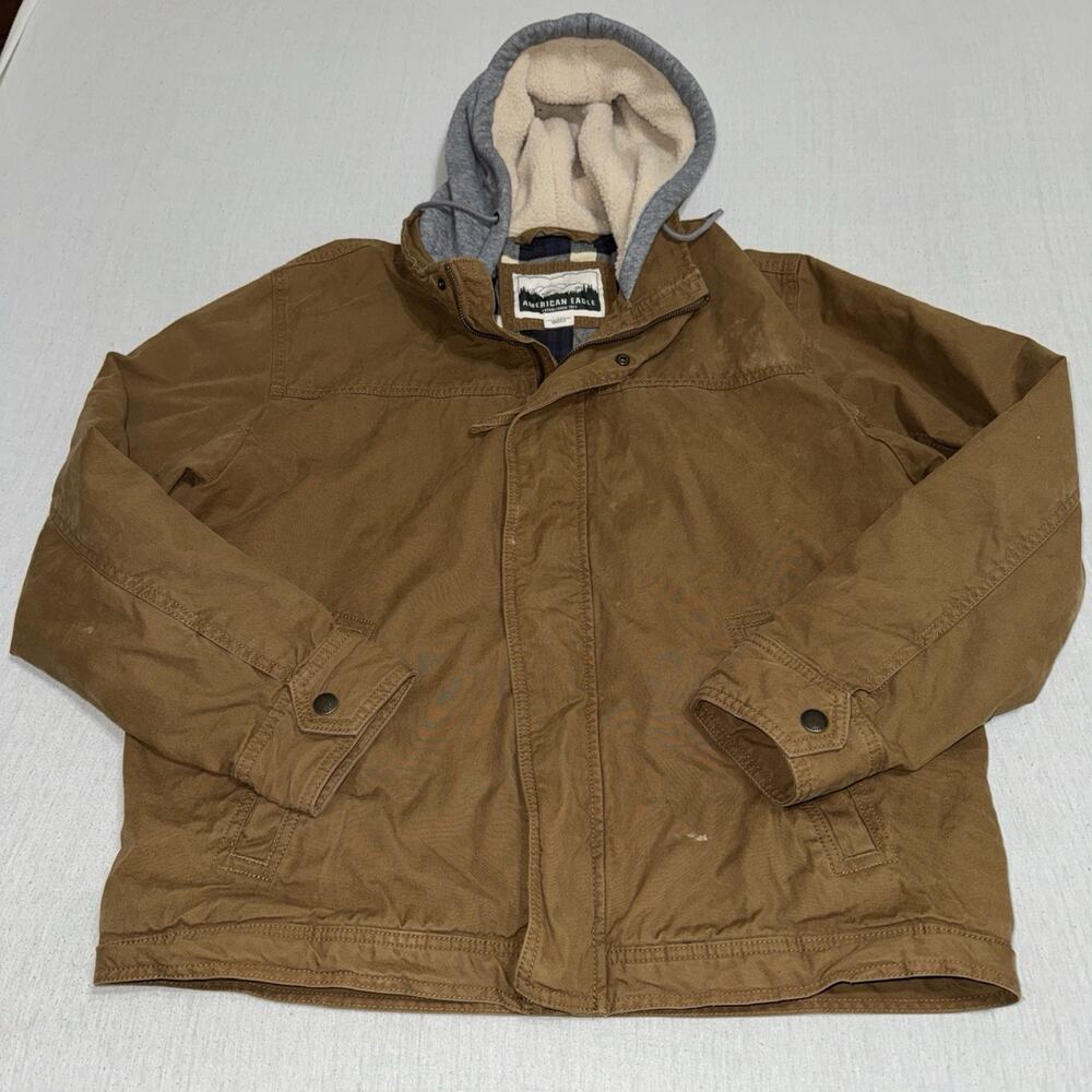 American Eagle Men’s Canvas Khaki Hooded Jacket Size Large Utility Fleece Lined